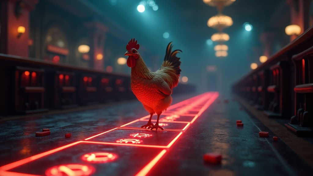 Dunkle Spielszene mit Huhn auf leuchtendem Pfad im Demo-Modus