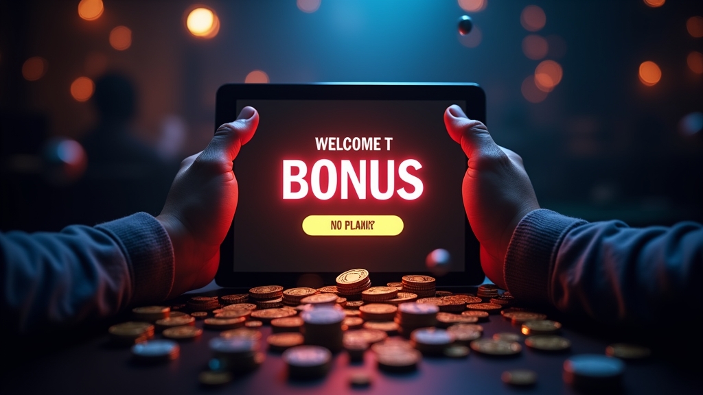 Neuer Spieler sieht ein No-Deposit-Bonusangebot im dunklen Casino-Design